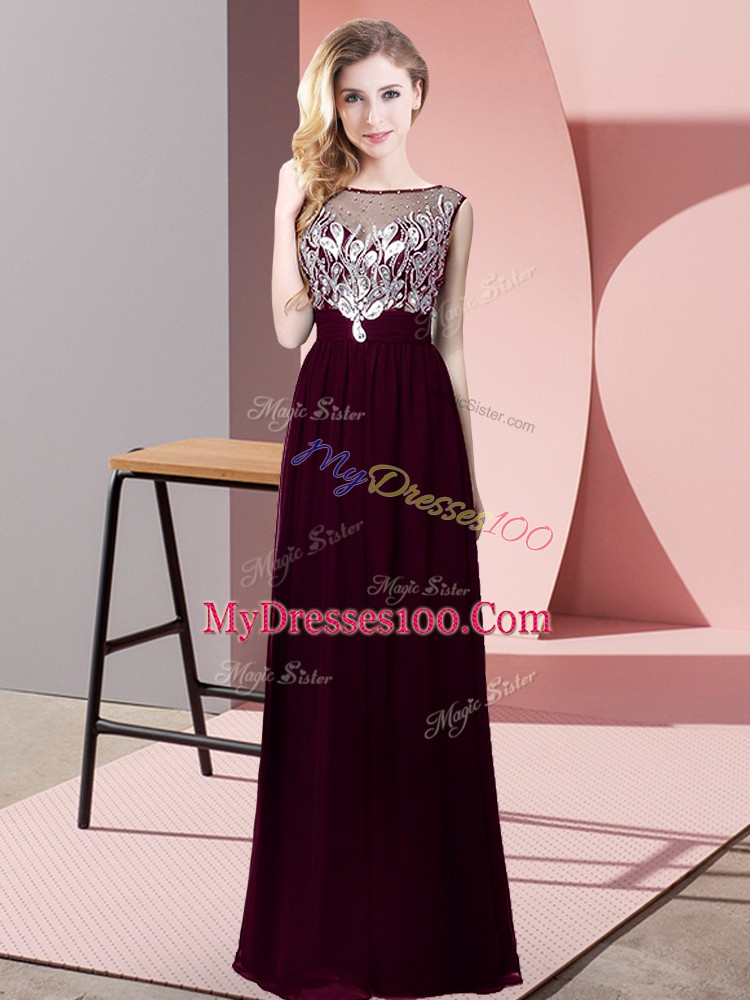 Enchanting Sleeveless Floor Length Beading Backless Prom Dresses with Burgundy