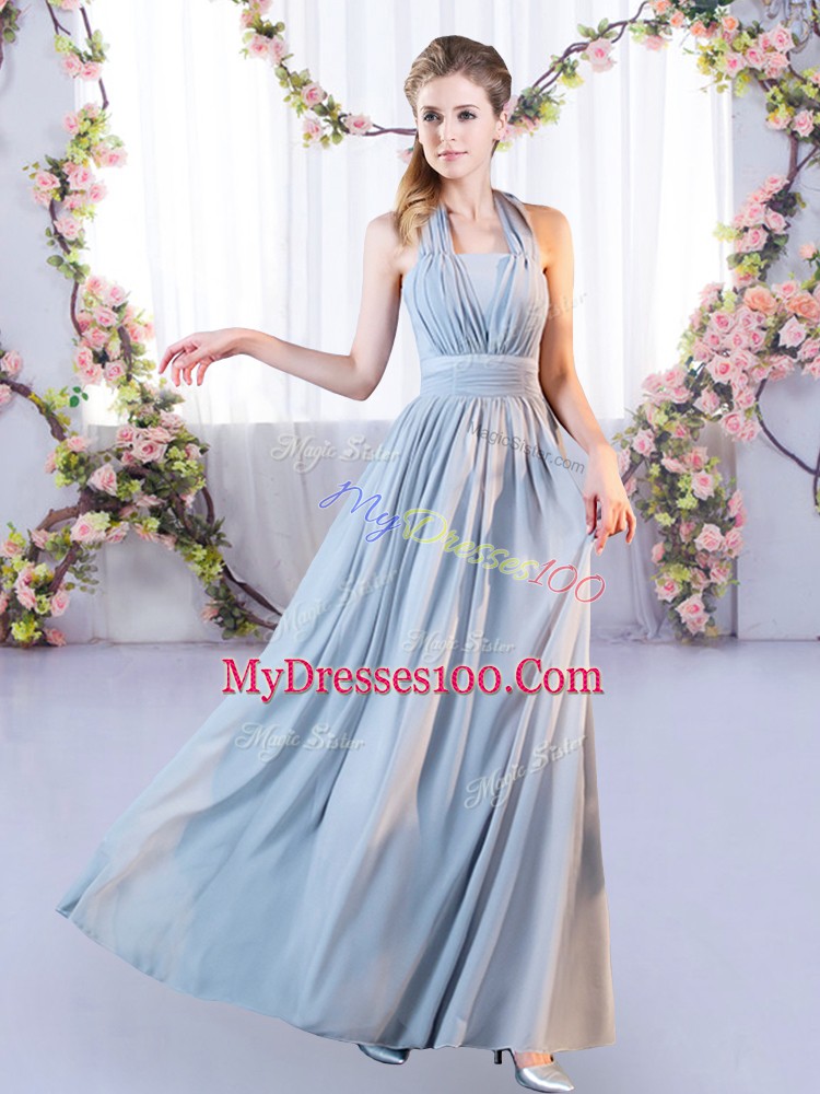 Sweet Grey Chiffon Lace Up Bridesmaid Dresses Sleeveless Floor Length Belt