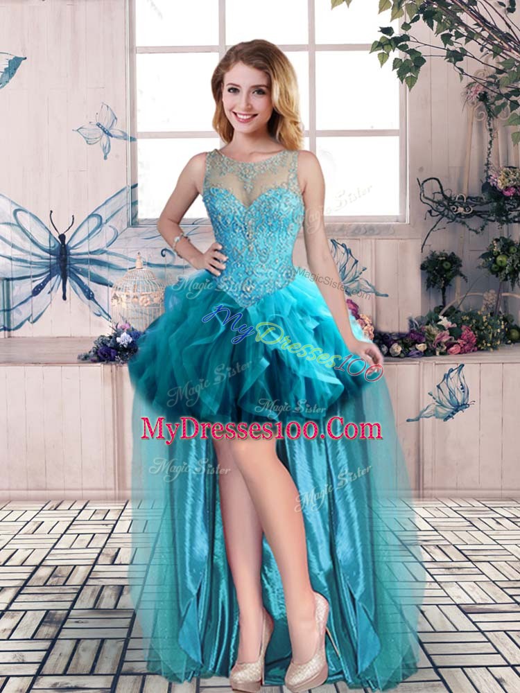 Sleeveless Lace Up High Low Beading and Ruffles Cocktail Dresses