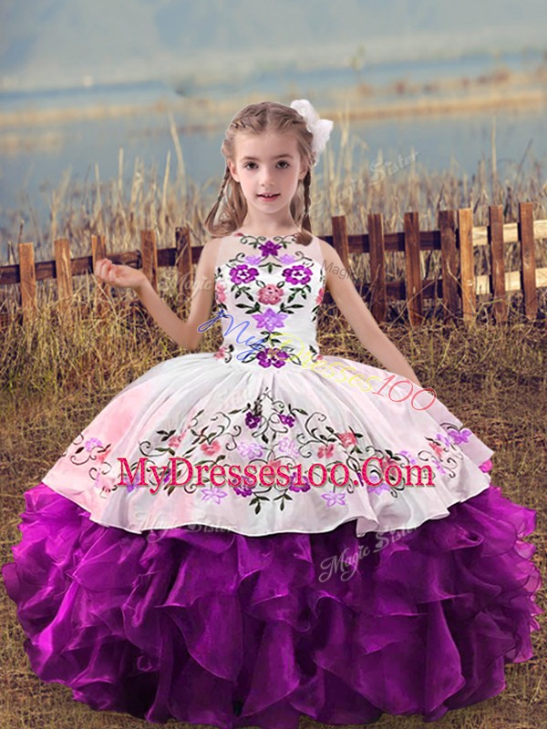 Purple Scoop Lace Up Embroidery and Ruffles Pageant Gowns For Girls Sleeveless