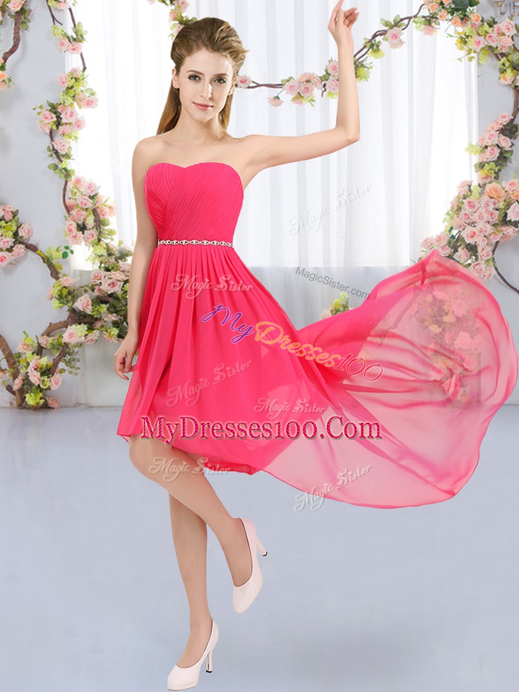 High Low Lace Up Bridesmaid Dress Hot Pink for Wedding Party with Beading