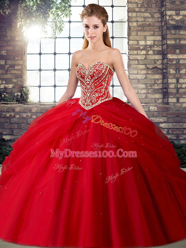 Customized Red Ball Gowns Tulle Sweetheart Sleeveless Beading and Pick Ups Lace Up Quinceanera Gowns Brush Train