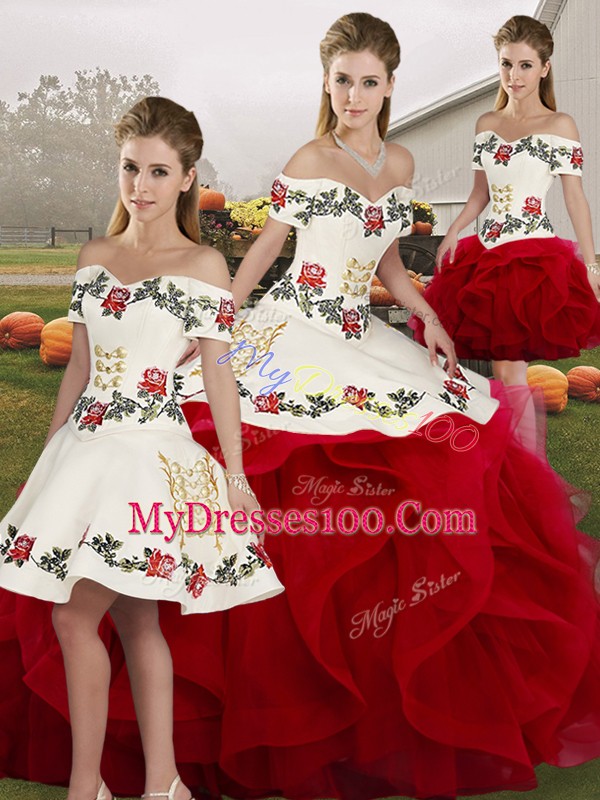 Shining Embroidery and Ruffles 15th Birthday Dress White And Red Lace Up Sleeveless Floor Length