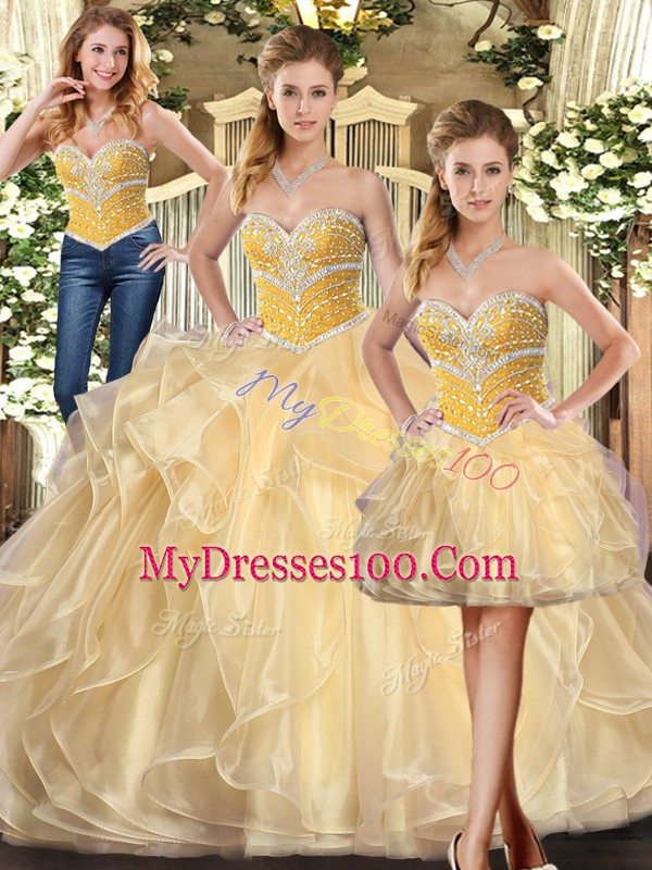 Custom Fit Champagne Ball Gowns Beading and Ruffles Sweet 16 Dresses Lace Up Organza Sleeveless Floor Length