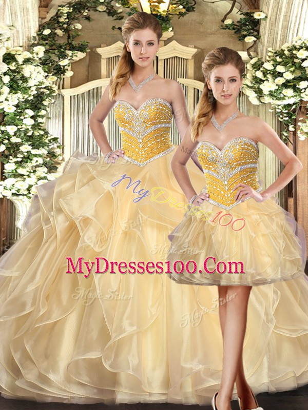 Custom Fit Champagne Ball Gowns Beading and Ruffles Sweet 16 Dresses Lace Up Organza Sleeveless Floor Length