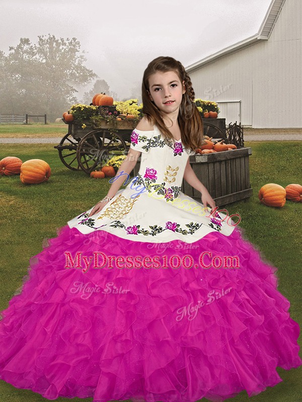 High Quality Embroidery and Ruffles Pageant Dress Toddler Fuchsia Lace Up Sleeveless Floor Length