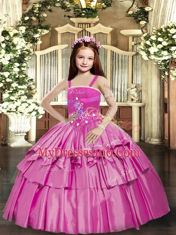 Custom Fit Straps Sleeveless Lace Up Little Girl Pageant Gowns Lilac Taffeta