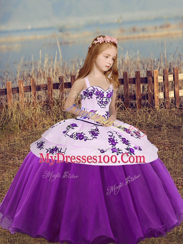 Amazing Eggplant Purple Little Girls Pageant Gowns Party and Wedding Party with Embroidery Straps Sleeveless Lace Up