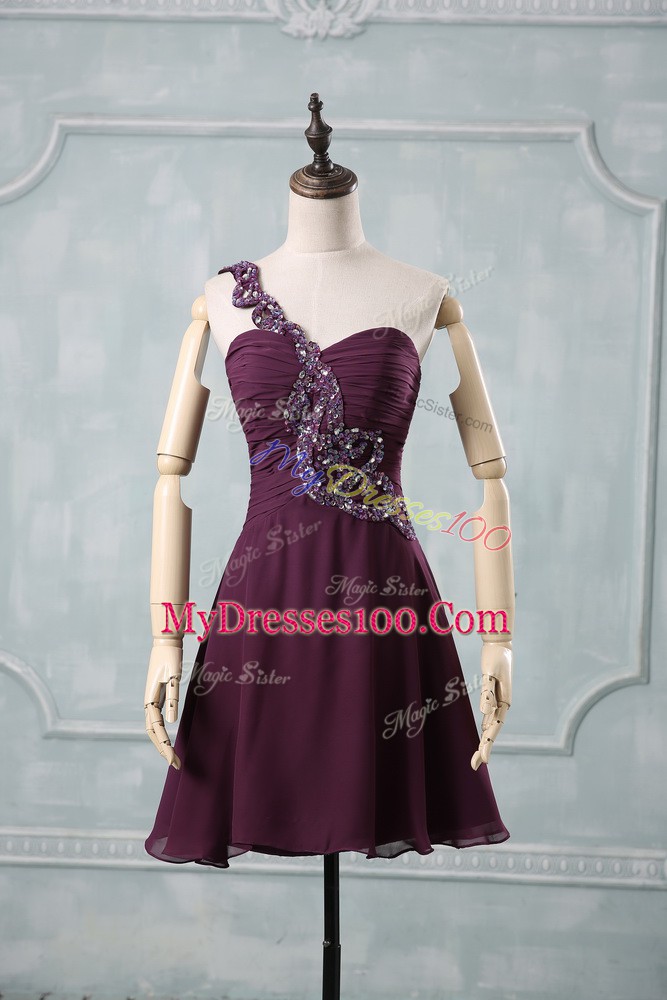 Sleeveless Chiffon Zipper Cocktail Dresses in Dark Purple with Beading and Ruching