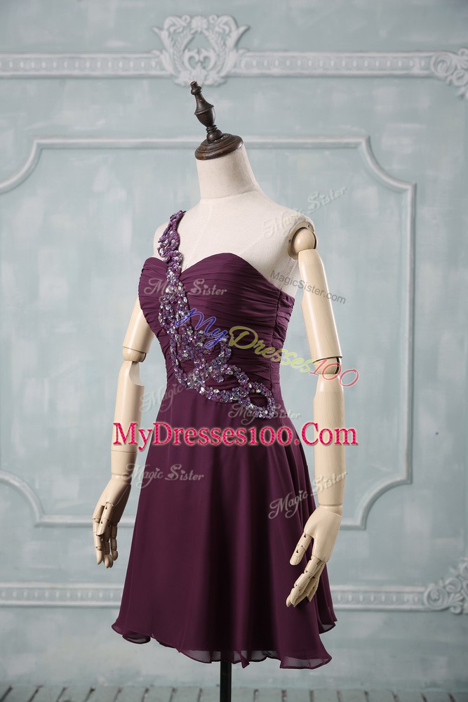 Sleeveless Chiffon Zipper Cocktail Dresses in Dark Purple with Beading and Ruching