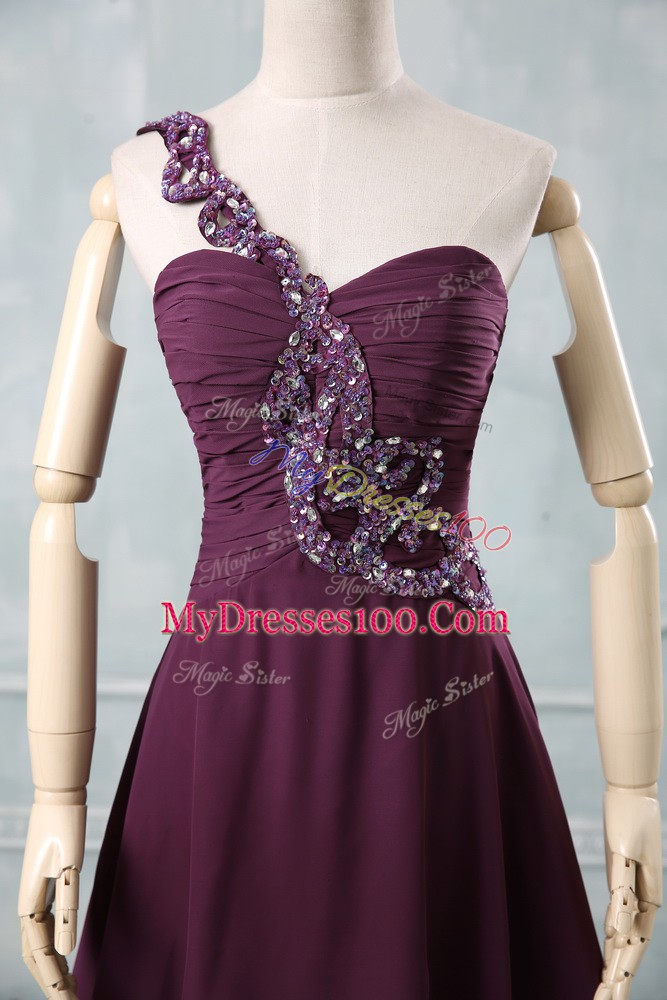 Sleeveless Chiffon Zipper Cocktail Dresses in Dark Purple with Beading and Ruching