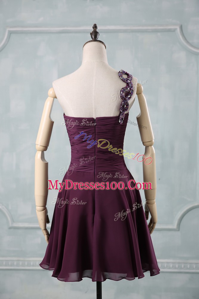Sleeveless Chiffon Zipper Cocktail Dresses in Dark Purple with Beading and Ruching