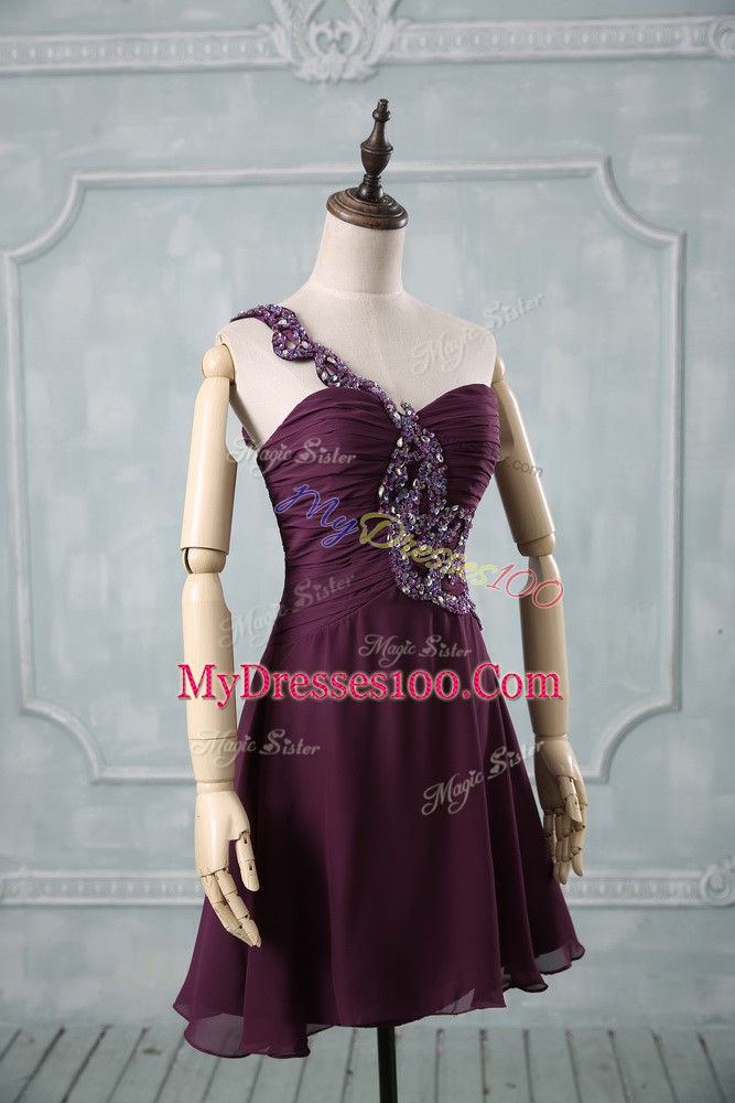 Sleeveless Chiffon Zipper Cocktail Dresses in Dark Purple with Beading and Ruching