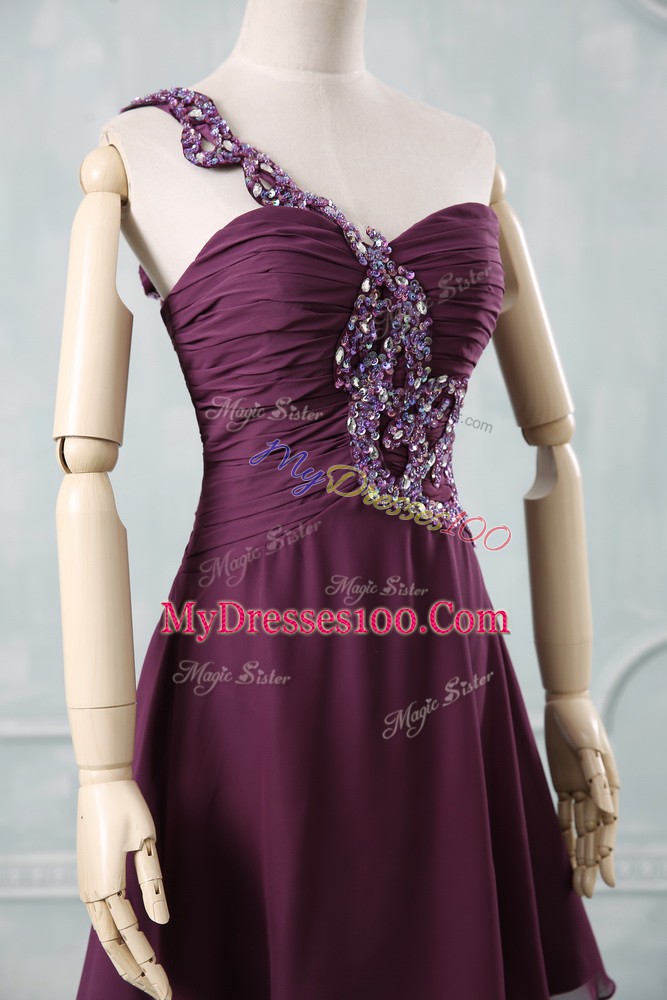 Sleeveless Chiffon Zipper Cocktail Dresses in Dark Purple with Beading and Ruching