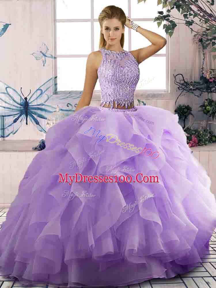 Sleeveless Tulle Floor Length Zipper Ball Gown Prom Dress in Lavender with Beading and Ruffles