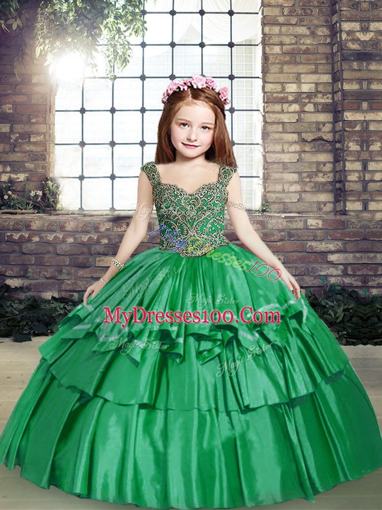 Nice Green Straps Neckline Beading Little Girl Pageant Gowns Sleeveless Lace Up