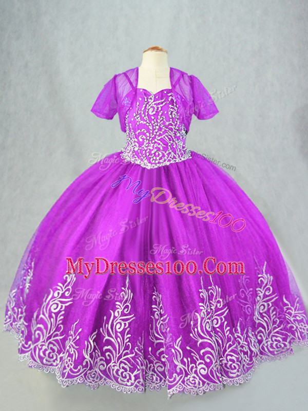 Spaghetti Straps Sleeveless Lace Up Child Pageant Dress Purple Tulle