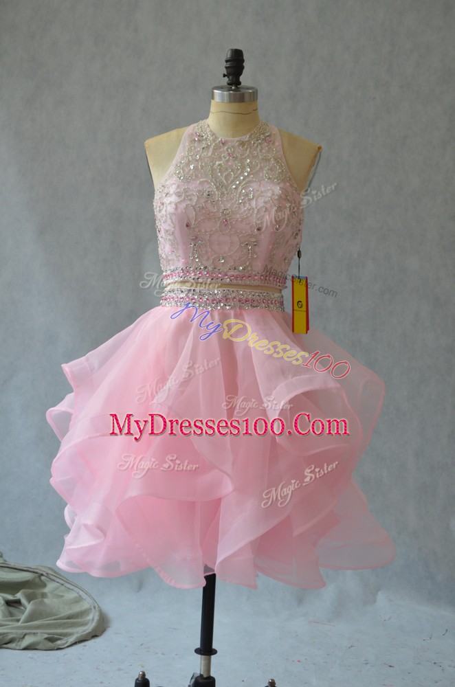 Baby Pink Sleeveless Mini Length Beading and Ruffles Backless Prom Dresses
