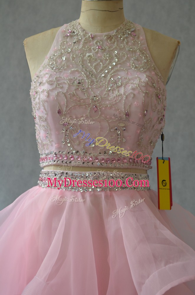 Baby Pink Sleeveless Mini Length Beading and Ruffles Backless Prom Dresses