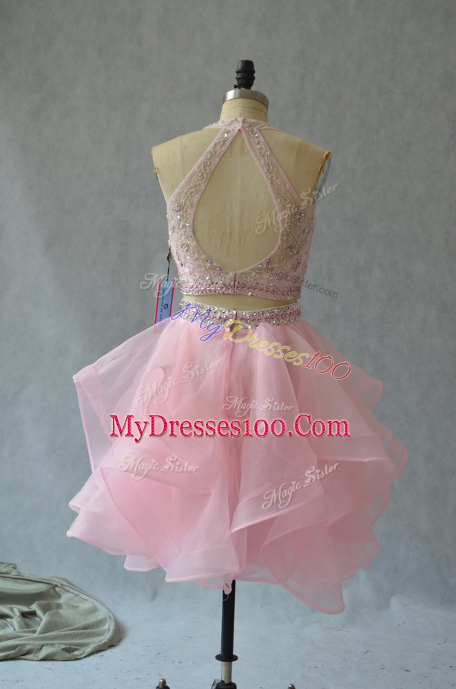 Baby Pink Sleeveless Mini Length Beading and Ruffles Backless Prom Dresses