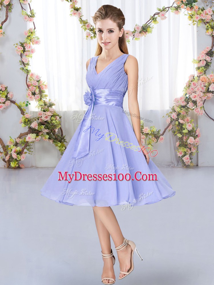Lavender V-neck Lace Up Hand Made Flower Bridesmaids Dress Sleeveless
