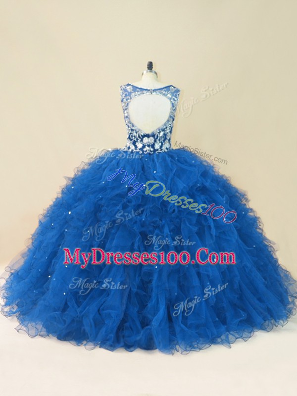 Nice Sleeveless Tulle Backless Quinceanera Gowns in Blue with Beading and Ruffles