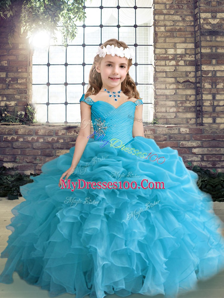 Floor Length Lace Up Pageant Gowns For Girls Blue for Party and Wedding Party with Beading and Ruffles and Pick Ups