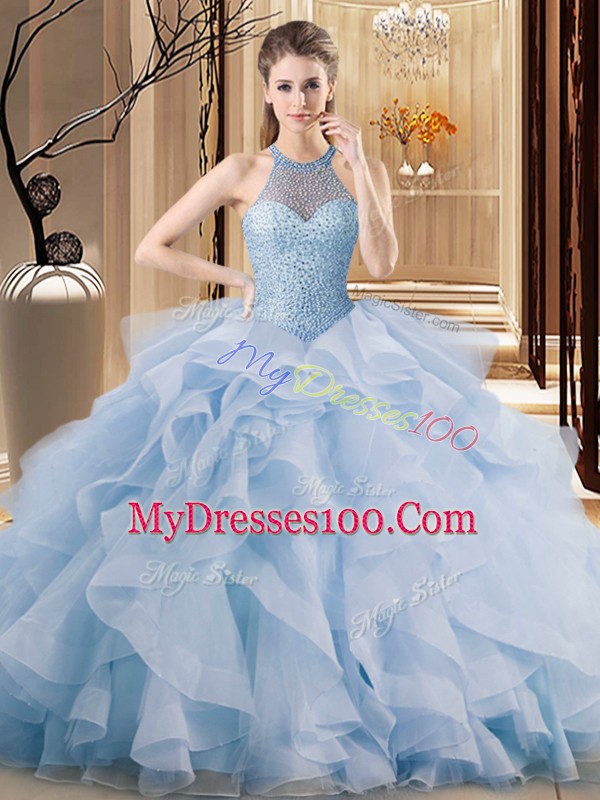 Luxurious Blue Lace Up Halter Top Beading and Ruffles Sweet 16 Dresses Organza Sleeveless Brush Train