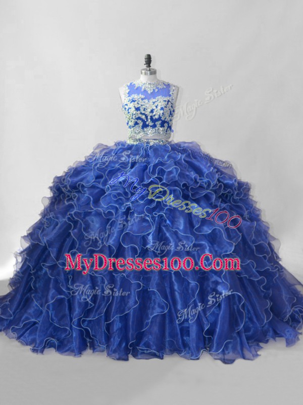 Blue Two Pieces Scoop Sleeveless Organza Brush Train Zipper Beading and Ruffles Ball Gown Prom Dress