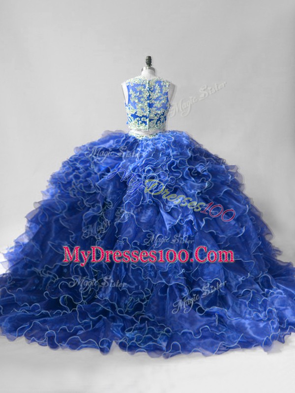 Blue Two Pieces Scoop Sleeveless Organza Brush Train Zipper Beading and Ruffles Ball Gown Prom Dress