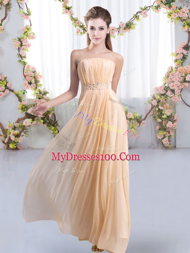 Elegant Peach Lace Up Strapless Beading Bridesmaid Dress Chiffon Sleeveless Sweep Train