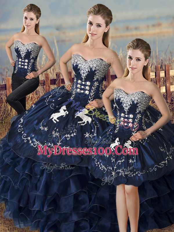 Navy Blue Sweetheart Neckline Embroidery and Ruffles Sweet 16 Quinceanera Dress Sleeveless Lace Up