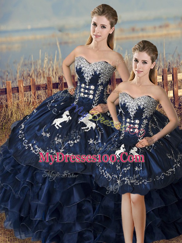 Navy Blue Sweetheart Neckline Embroidery and Ruffles Sweet 16 Quinceanera Dress Sleeveless Lace Up