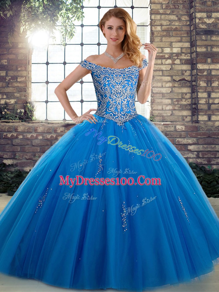 Inexpensive Blue Off The Shoulder Lace Up Beading Sweet 16 Quinceanera Dress Sleeveless