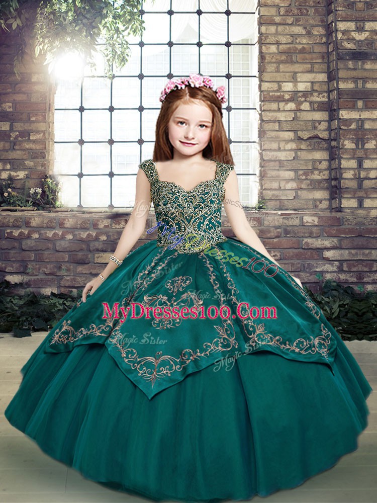 Sweet Straps Sleeveless Little Girl Pageant Gowns Floor Length Beading and Embroidery Teal Tulle