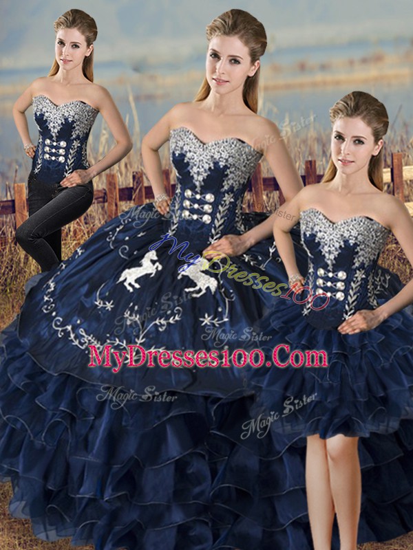 Luxury Navy Blue Satin and Organza Lace Up Sweetheart Sleeveless High Low Ball Gown Prom Dress Embroidery and Ruffles