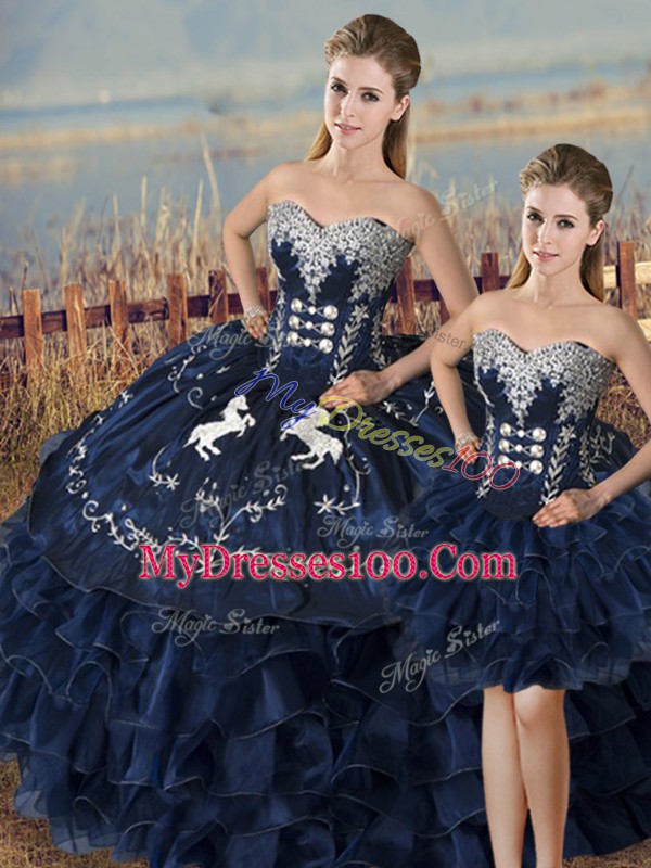 Luxury Navy Blue Satin and Organza Lace Up Sweetheart Sleeveless High Low Ball Gown Prom Dress Embroidery and Ruffles