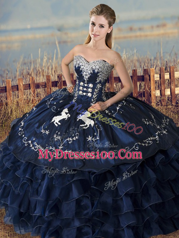 Luxury Navy Blue Satin and Organza Lace Up Sweetheart Sleeveless High Low Ball Gown Prom Dress Embroidery and Ruffles
