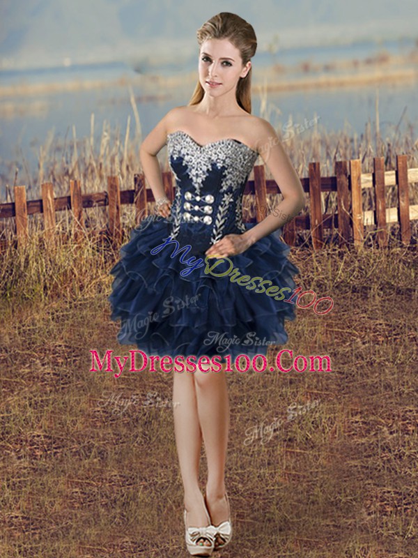 Luxury Navy Blue Satin and Organza Lace Up Sweetheart Sleeveless High Low Ball Gown Prom Dress Embroidery and Ruffles
