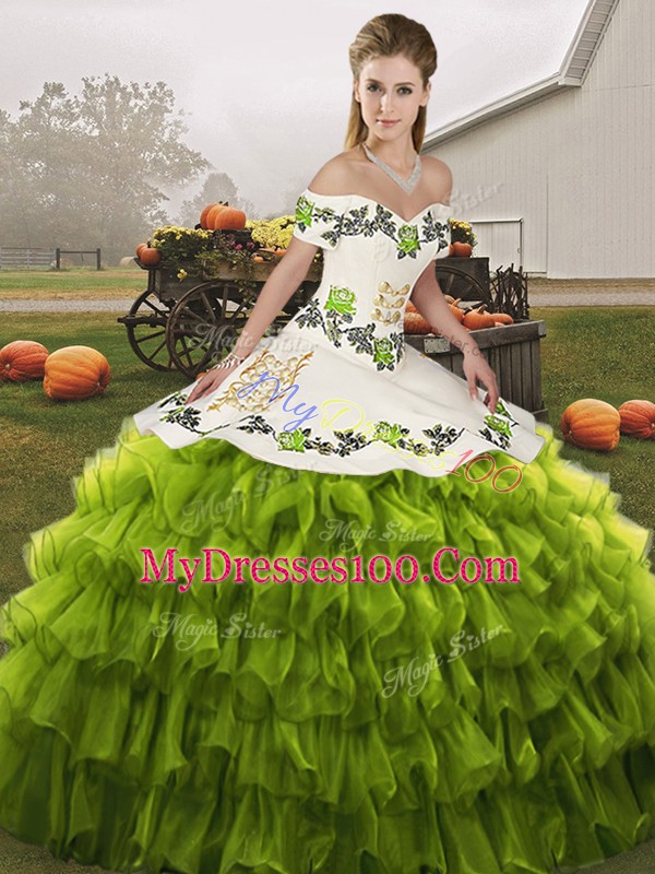 Vintage Olive Green Sleeveless Embroidery and Ruffled Layers Floor Length Sweet 16 Dresses