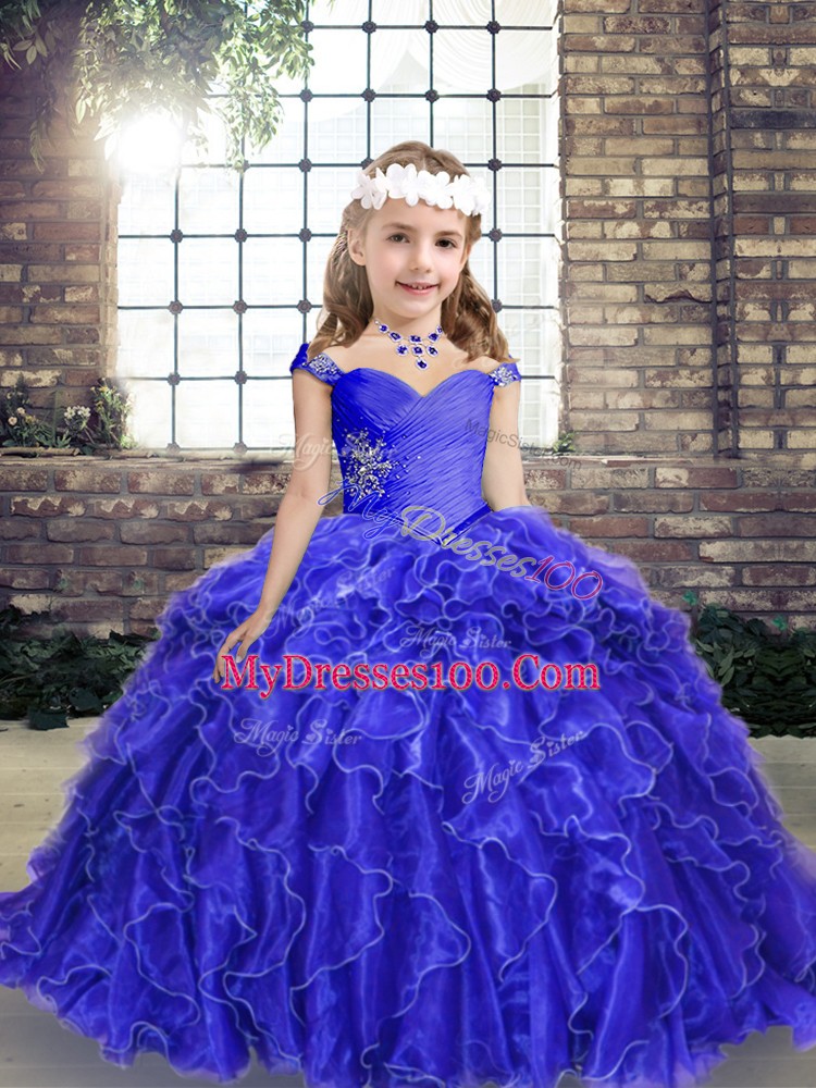On Sale Blue Ball Gowns Beading and Ruffles Girls Pageant Dresses Lace Up Organza Sleeveless Floor Length