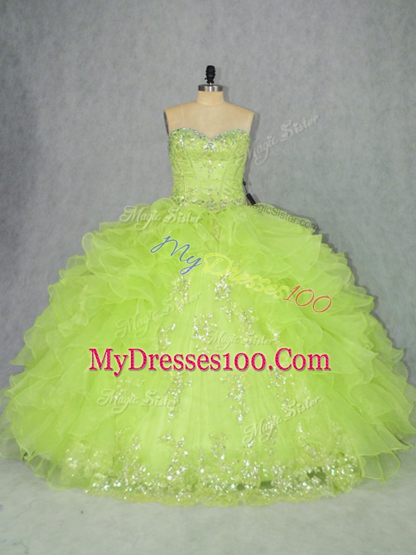Lovely Yellow Green Lace Up Sweetheart Beading and Ruffles Quinceanera Dress Organza Sleeveless