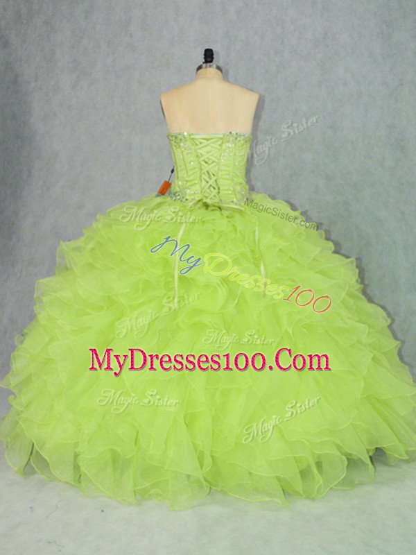 Lovely Yellow Green Lace Up Sweetheart Beading and Ruffles Quinceanera Dress Organza Sleeveless