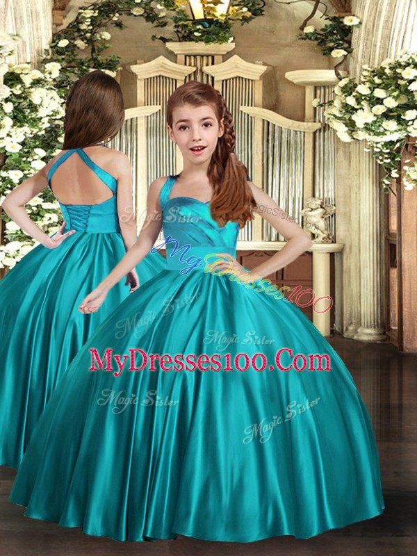 Best Teal Sleeveless Ruching Floor Length Little Girls Pageant Dress Wholesale