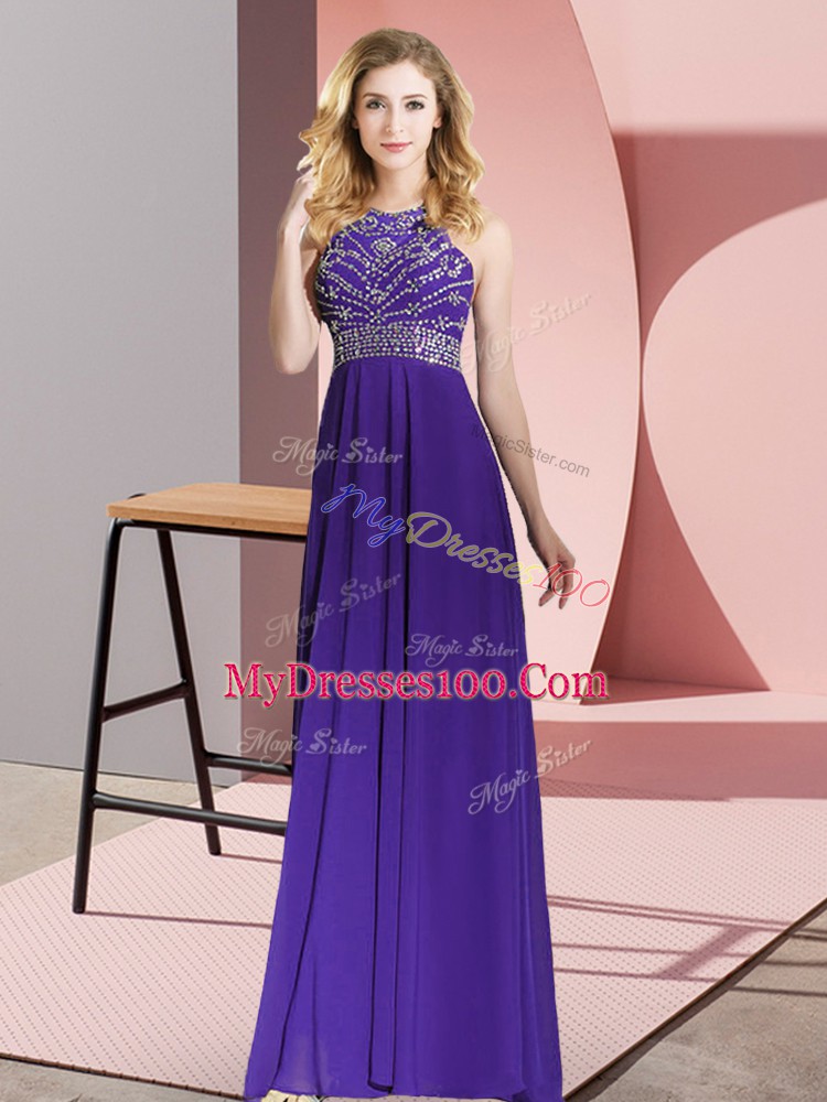 Purple Empire Beading Prom Dresses Backless Chiffon Sleeveless Floor Length