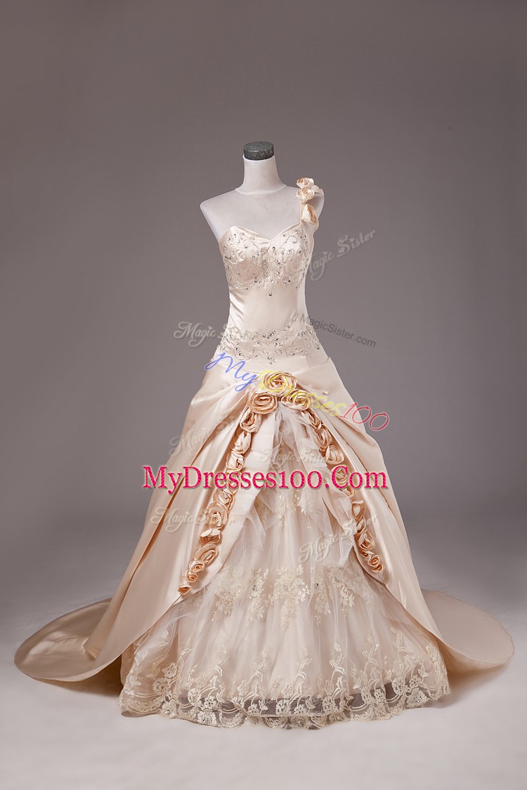 Modest Champagne Quinceanera Gowns Sweet 16 and Quinceanera with Embroidery and Hand Made Flower One Shoulder Sleeveless Brush Train Lace Up