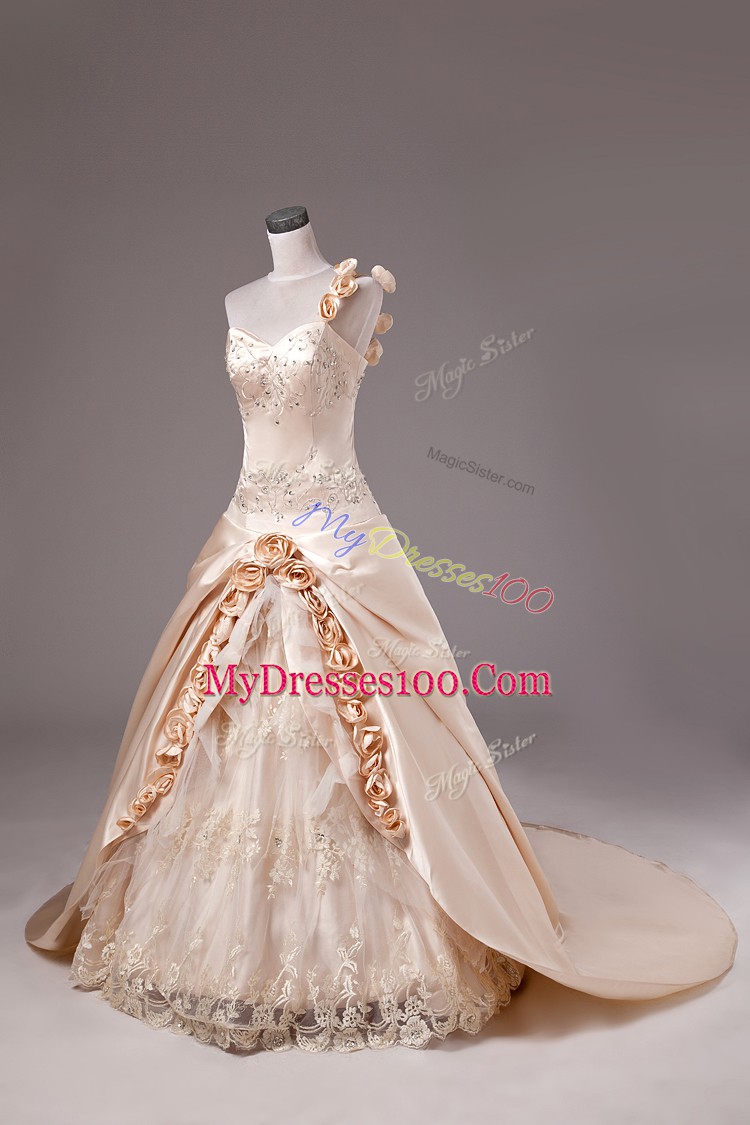 Modest Champagne Quinceanera Gowns Sweet 16 and Quinceanera with Embroidery and Hand Made Flower One Shoulder Sleeveless Brush Train Lace Up