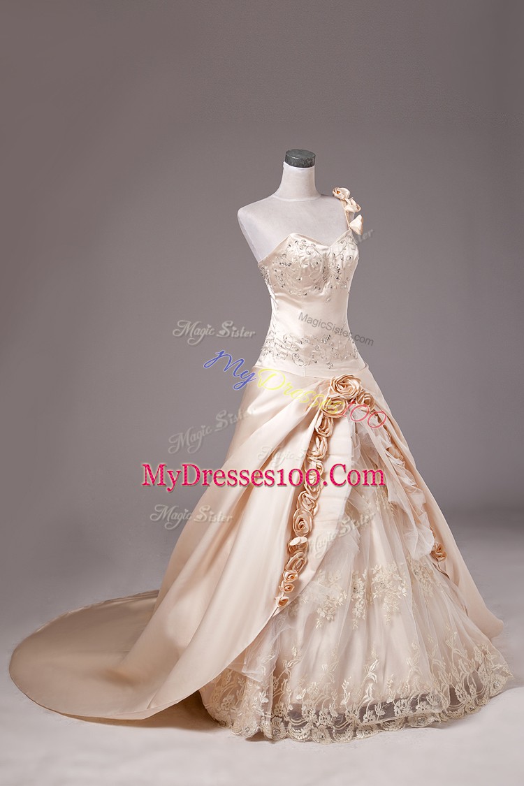 Modest Champagne Quinceanera Gowns Sweet 16 and Quinceanera with Embroidery and Hand Made Flower One Shoulder Sleeveless Brush Train Lace Up