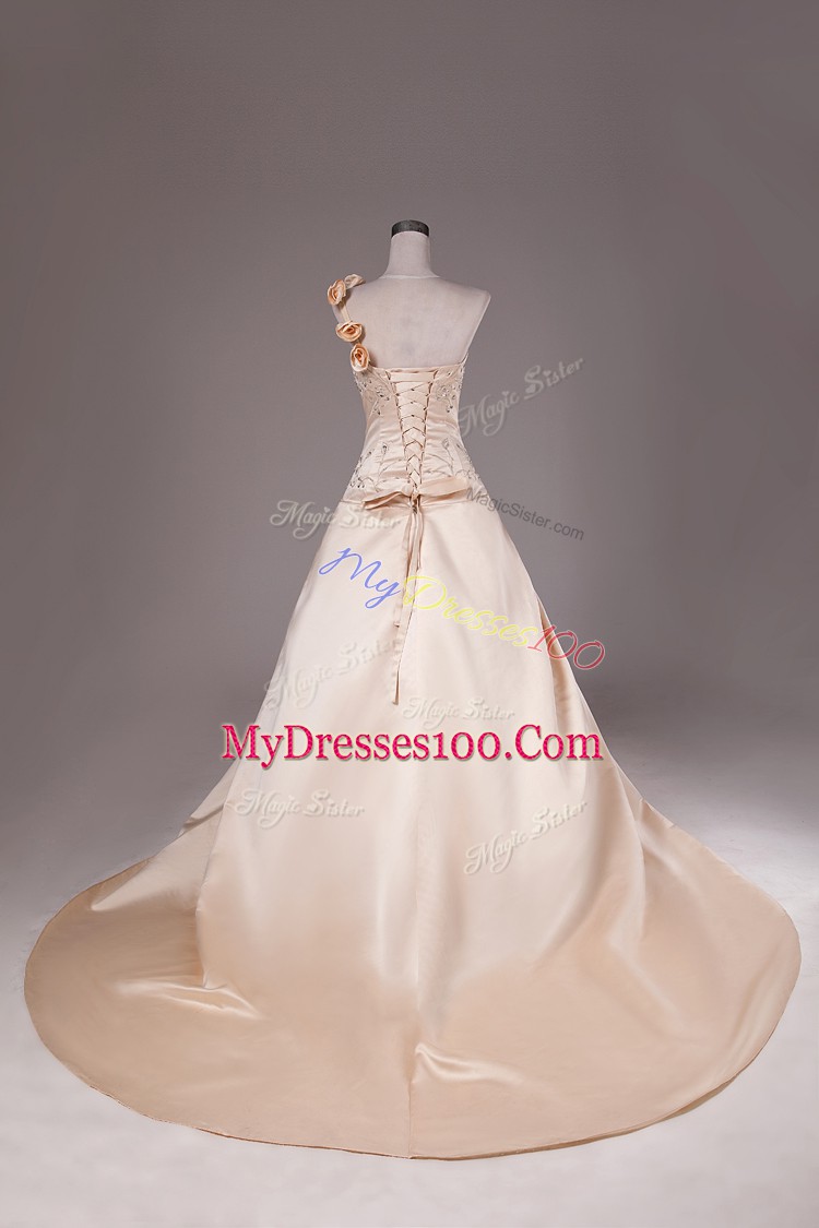 Modest Champagne Quinceanera Gowns Sweet 16 and Quinceanera with Embroidery and Hand Made Flower One Shoulder Sleeveless Brush Train Lace Up
