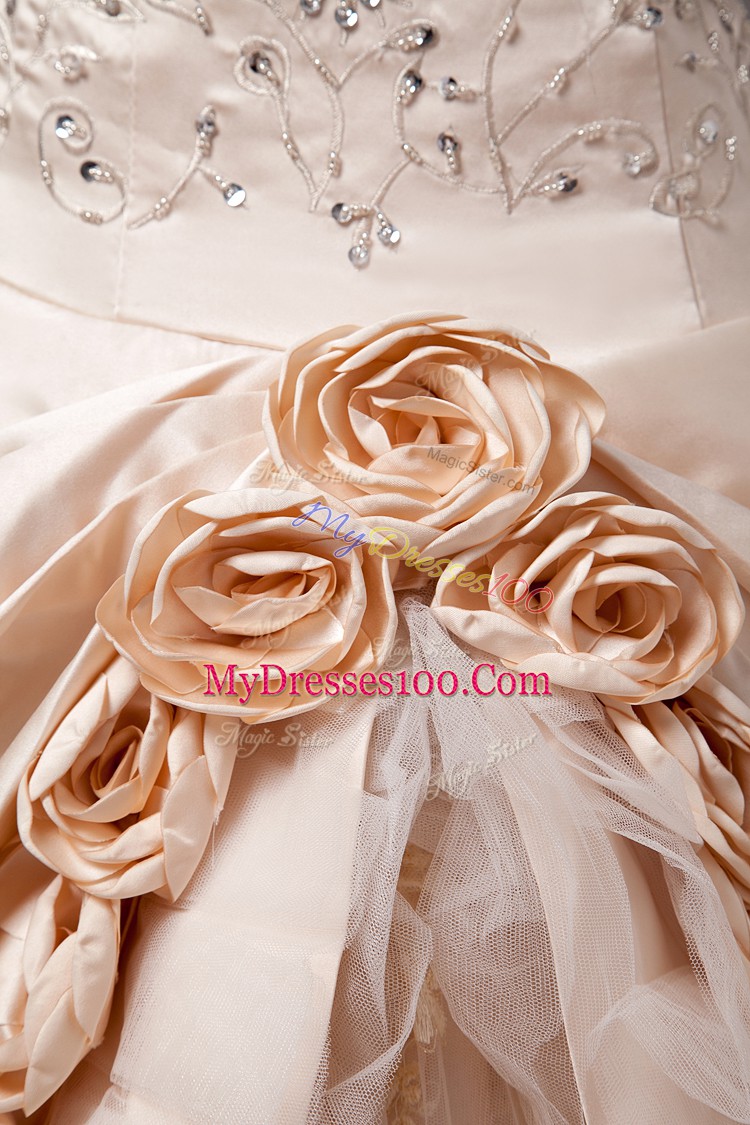 Modest Champagne Quinceanera Gowns Sweet 16 and Quinceanera with Embroidery and Hand Made Flower One Shoulder Sleeveless Brush Train Lace Up